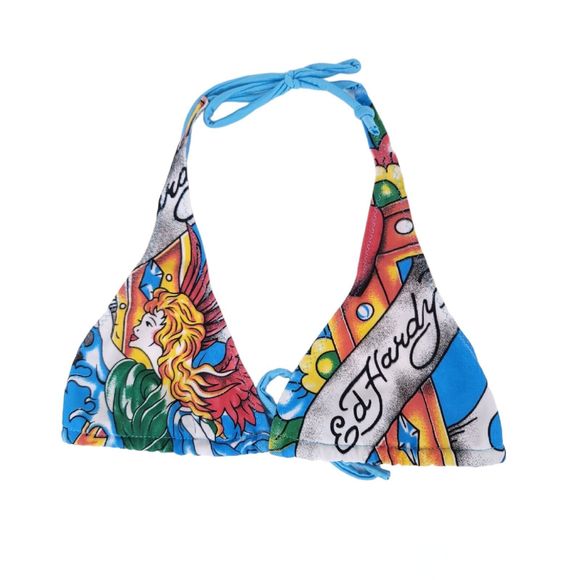 Ed Hardy Other - Ed Hardy Bikini Top Womens Medium Halter Graphic Logo Swim Tie Sexy Triangle
